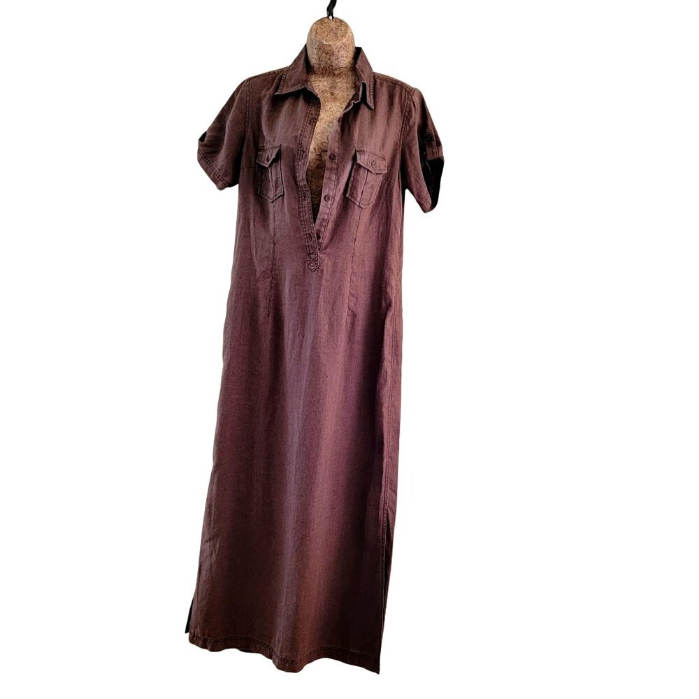 Eddie Bauer Brown Linen Maxi Dress Minimalist Preppy Size 6 T Coastal Outdoor